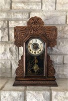 Antique Gingerbread Mantle Clock w/ Key Pendulum