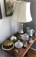 Table Contents-Brass Box, Candy Dishes, Lamp