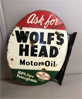 Wolf's Head Oil Porcelain Dbl Side Flange Sign