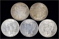 Silver Dollars (5) - 2 Morgans, 3 Peace Dollars