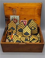 Wooden Box Full of Vintage Military Collectibles
