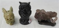 Owl paperweight, rabbit made in India, etc. Owl