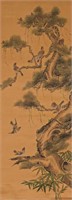 Chinese Painting of a Sparrows in a Pine Tree