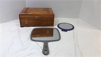 Two handheld mirrors and wooden box