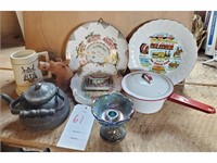 Porcelain pot with lid, decorative plates, mug