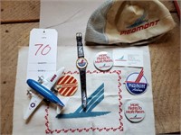 Piedmont hat, watch, toy plane, patch