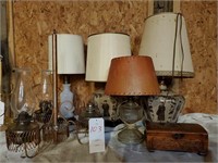 Assortment of lamps, wooden carved box