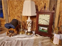 Assortment of lamps, cherry mantle clock