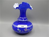 Fenton 6" blue cased HP vase- Burton