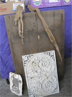 metal flower plaque, old board, clay owl mirror