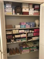 CONTENTS OF HALL CLOSET- SHOES, WIGS, MISC