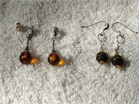 Sterling Silver Earrings Amber and Green Beads