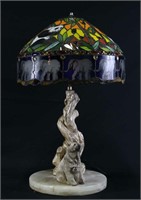 BRONZE POLAR BEAR WITH STAINED GLASS SHADE LAMP