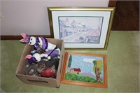 PICTURES & BOX OF MISC. DECORATIONS