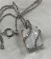 Sterling Silver Necklace w/ Opal & White Stones