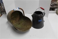 Brass Coal Scuttle & Vintage Metal Pot, No Lid
