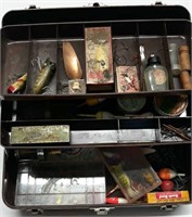 Vintage Tackle Box Full Of Lures,Reel,Hooks,Etc.