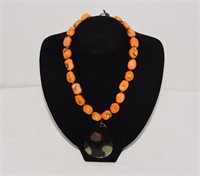 Dyed Orange Coral Beaded Necklace w/ Shell