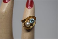 14K Gold Ring w/ Pearl & Aquamarine Size 3-1/4