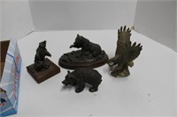 Metal Eagle Figurine and Three Bear Figurines