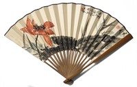 Chinese Fan with Lotus Painting, Qian Juntao