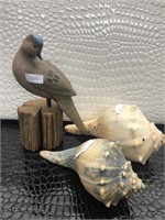 Hand Carved Wooden Bird and Two Conch Shells