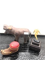 Wooden Hippopotamus, Ceramic and Fabric Boot, a