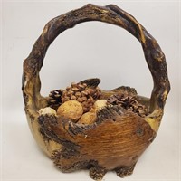Heavy Wood-Look Resin Brown Bowl Carved Basket