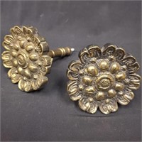 (2) Curtain Rod End Metal Old Gold Heavy Floral