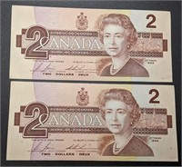 2 Consecutive 1986 Bank of Canada $2 Bank Notes