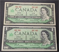2 x 1967 Bank of Canada $1 Bank Notes
