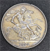 1888 UK - Great Britain Silver One Crown Coin