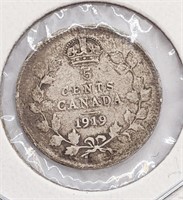 1919 Canadian Sterling Silver 5-Cent Coin