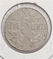 1931 Canadian 5-Cent Nickel Coin