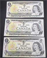 3 Consecutive Bank of Canada 1973 $1 Bank Notes
