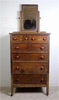 Antique Mission Oak Tall Dresser W/ Beveled Mirror