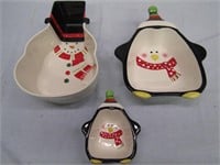 1-  12" Snowman & 2 Penguin Dishes