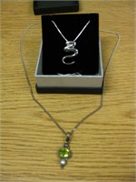 2 Sterling Silver Necklaces 1 w/Green Stone