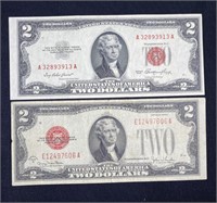 1928, 1953 US $2 Red Seal Notes