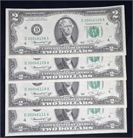 (4) 1976 Consecutive Serial $2 UNC Bills