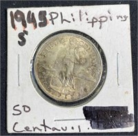 1945-S Phillipines Silver 50 Centavos Coin