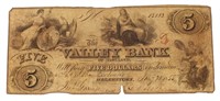 1855 Valley Bank MD $5 Obsolete Currency Note