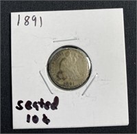 1891 Seated US Silver Dime 10c
