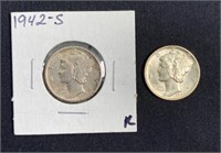 1942 & 42-S Mercury Silver Dimes