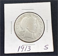 1913-S Barber Silver Half Dollar US Coin