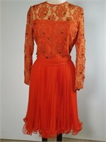 1960s orange chiffon & lace cocktail dress
