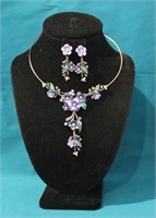 Vintage Floral Rhinestone Necklace & Earrings