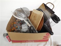 Box Lot Kitchen Items, Glasse, Pans, Utensils,