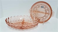 2 PINK DEPRESSION GLASS DIVIDED DISHES