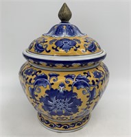 Asian Yellow Glazed Blue & White Large Lidded Jar